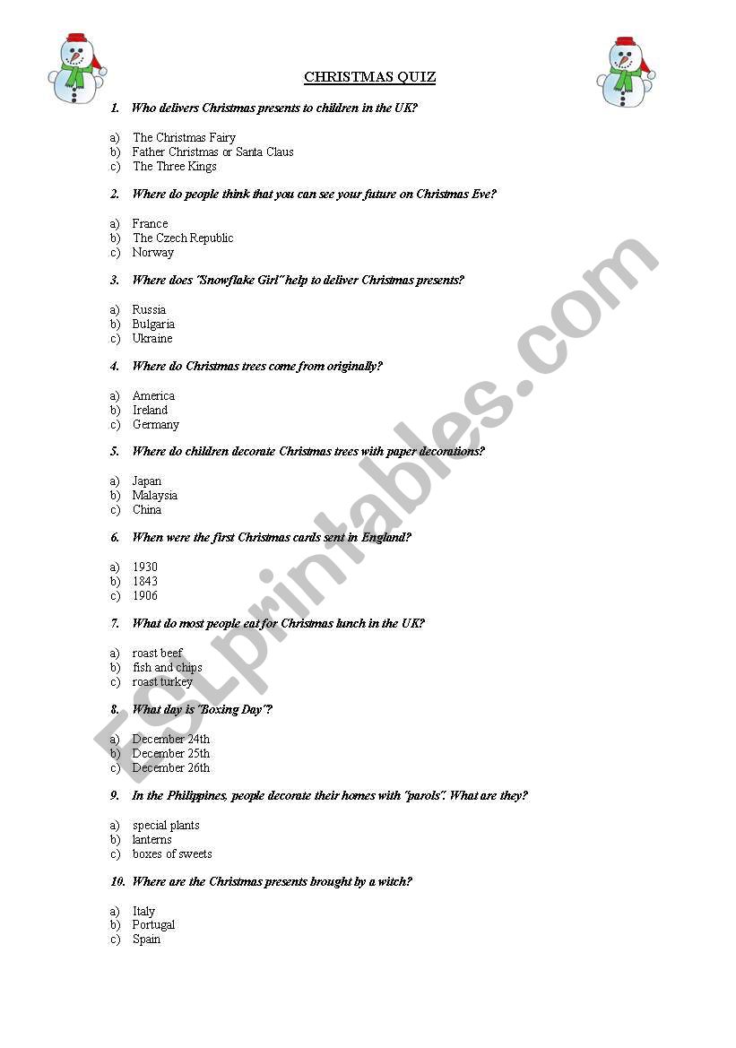 Christmas quiz worksheet