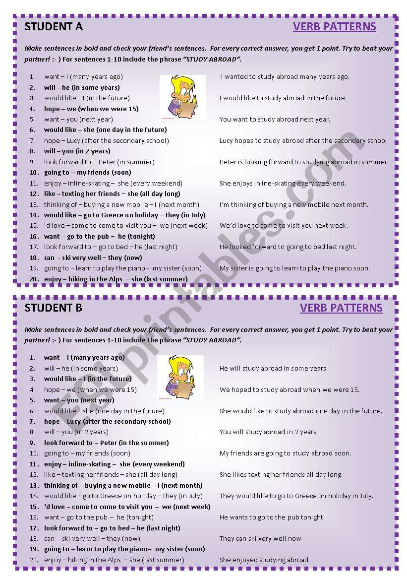 Verb Patterns - Pair Activity worksheet