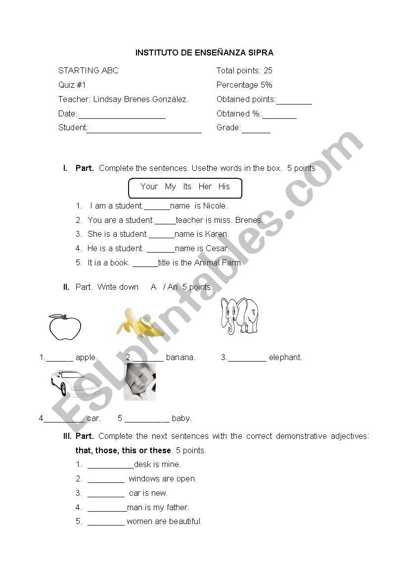 Beginner test worksheet