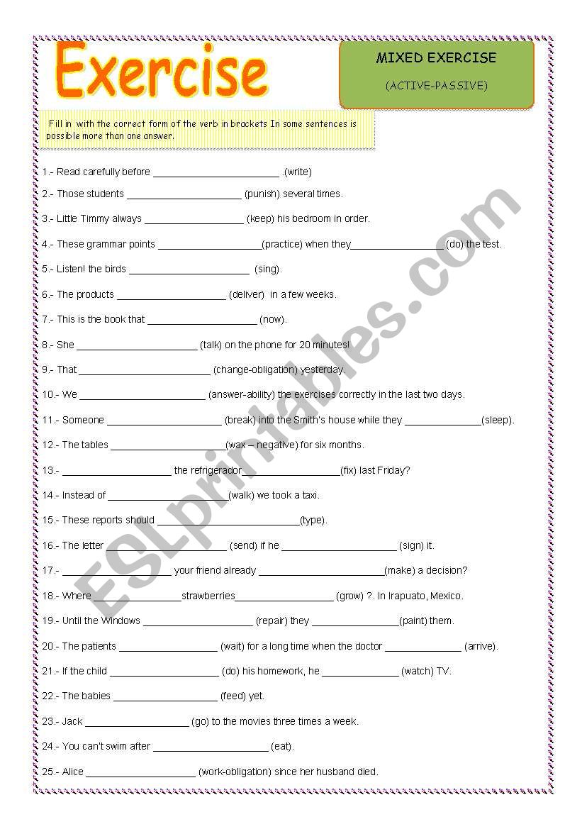 Mixed exercise worksheet