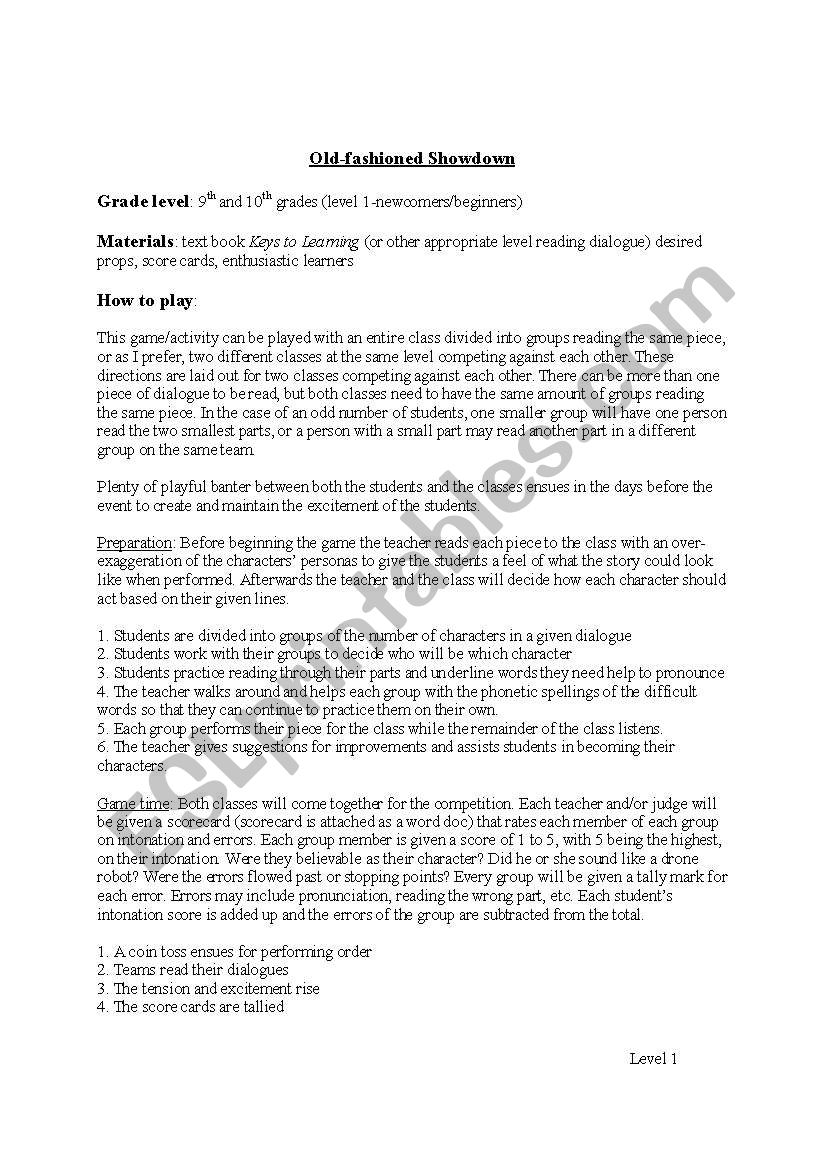 Old Fashion Showdown worksheet