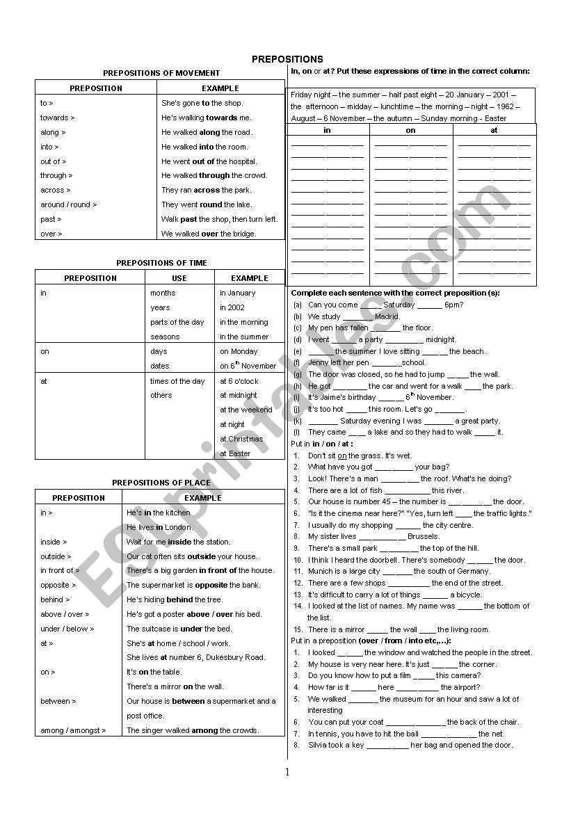 PREPOSITIONS worksheet