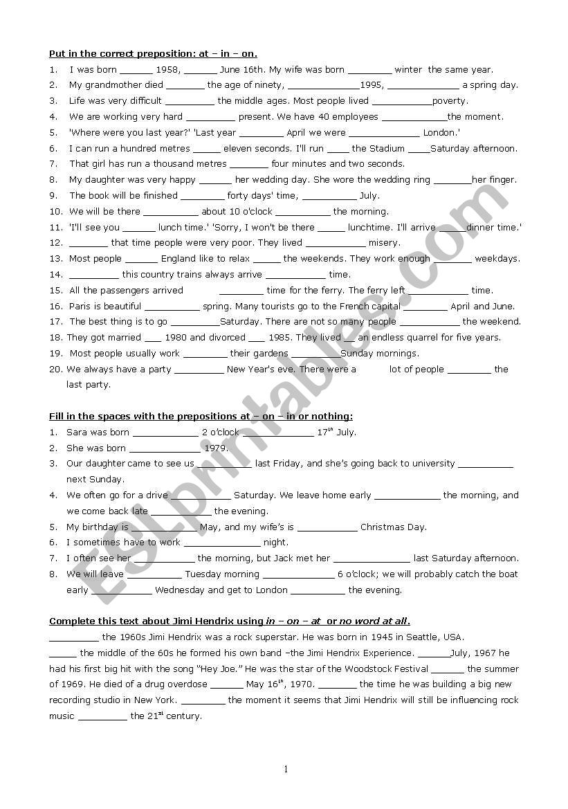 Prepositions worksheet