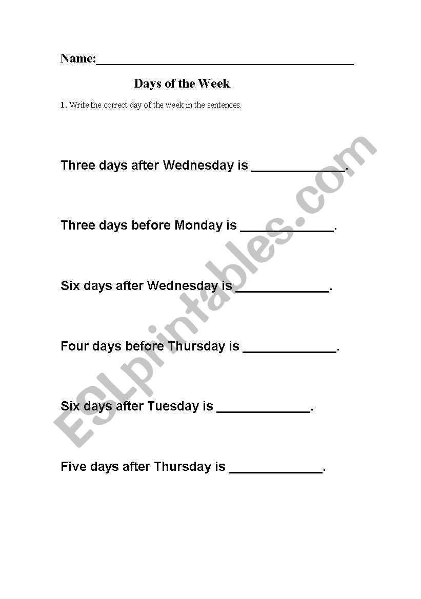 days of the week worksheet