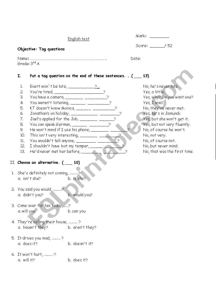 Tag questions test worksheet