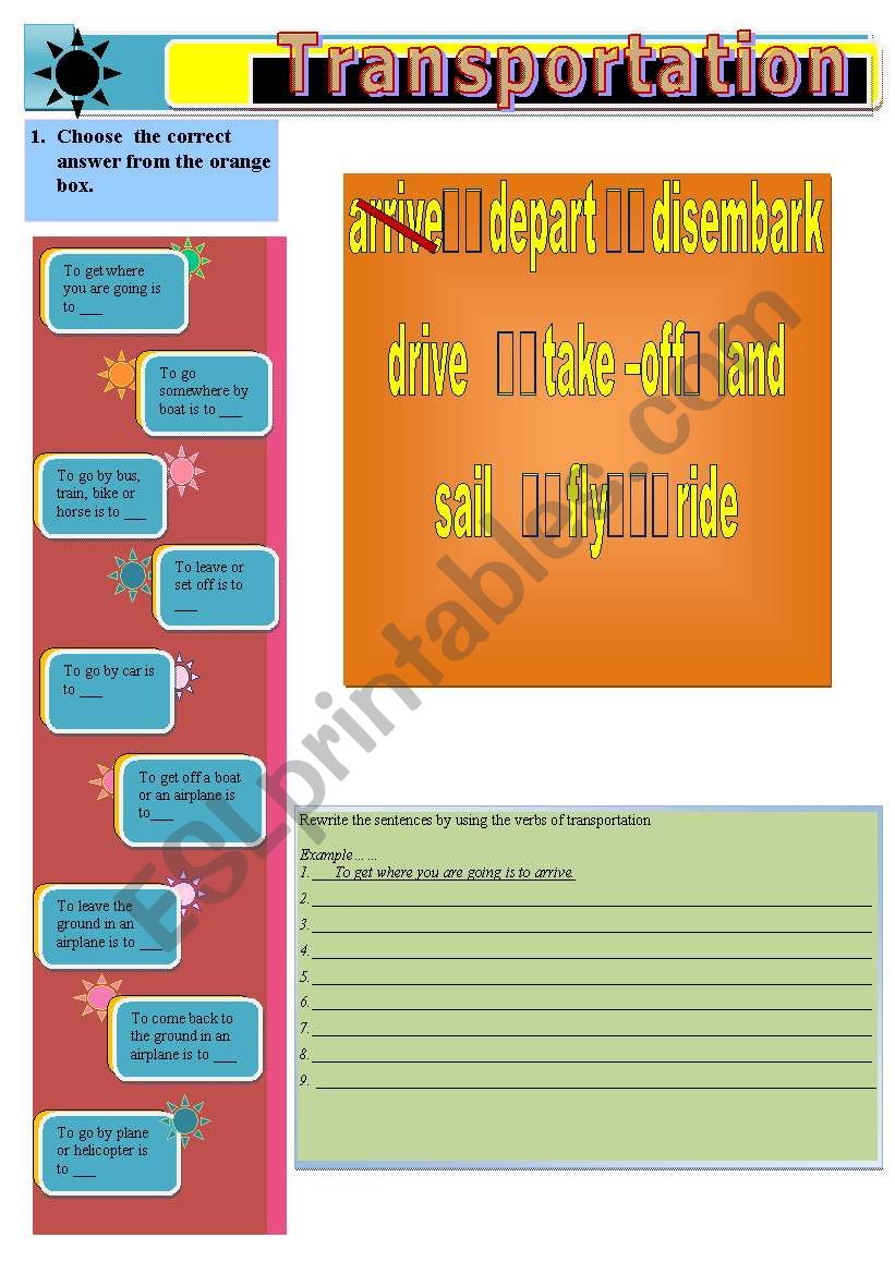 verbs used with transport worksheet