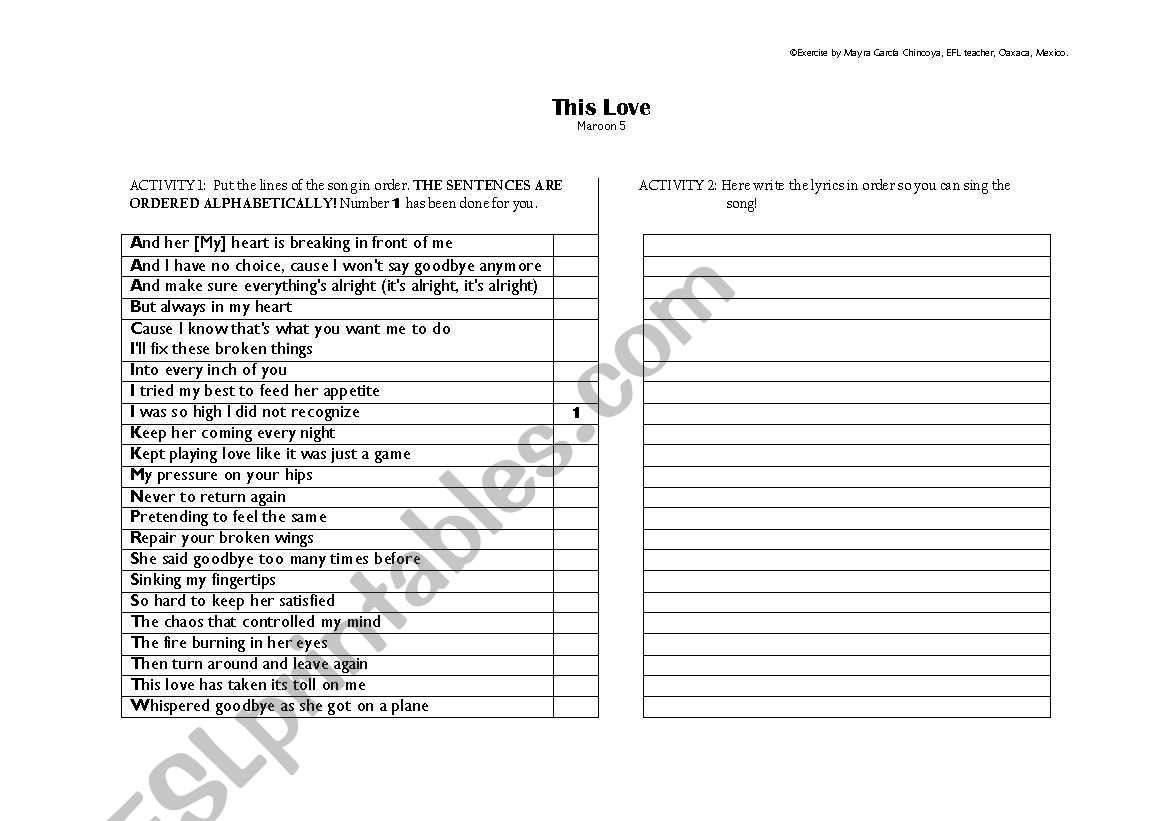 THIS LOVE - Maroon 5 worksheet