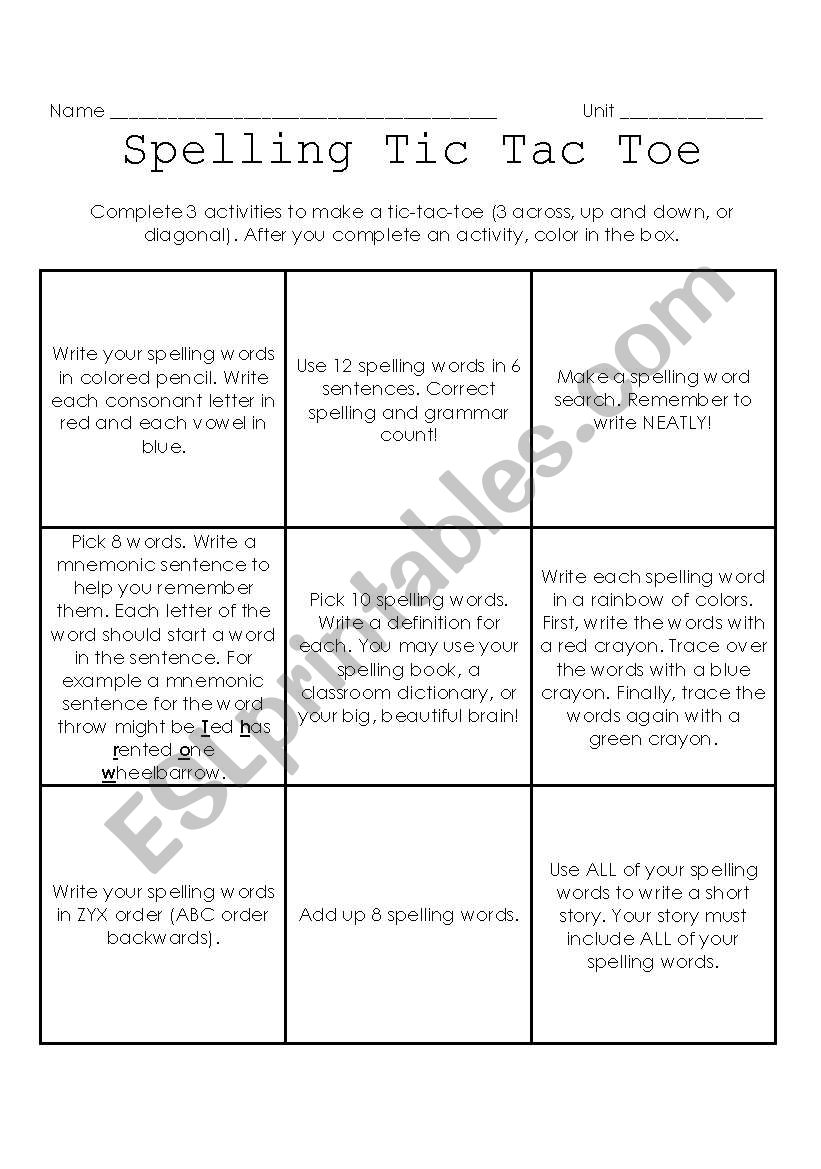 Spelling Tic Tac Toe worksheet