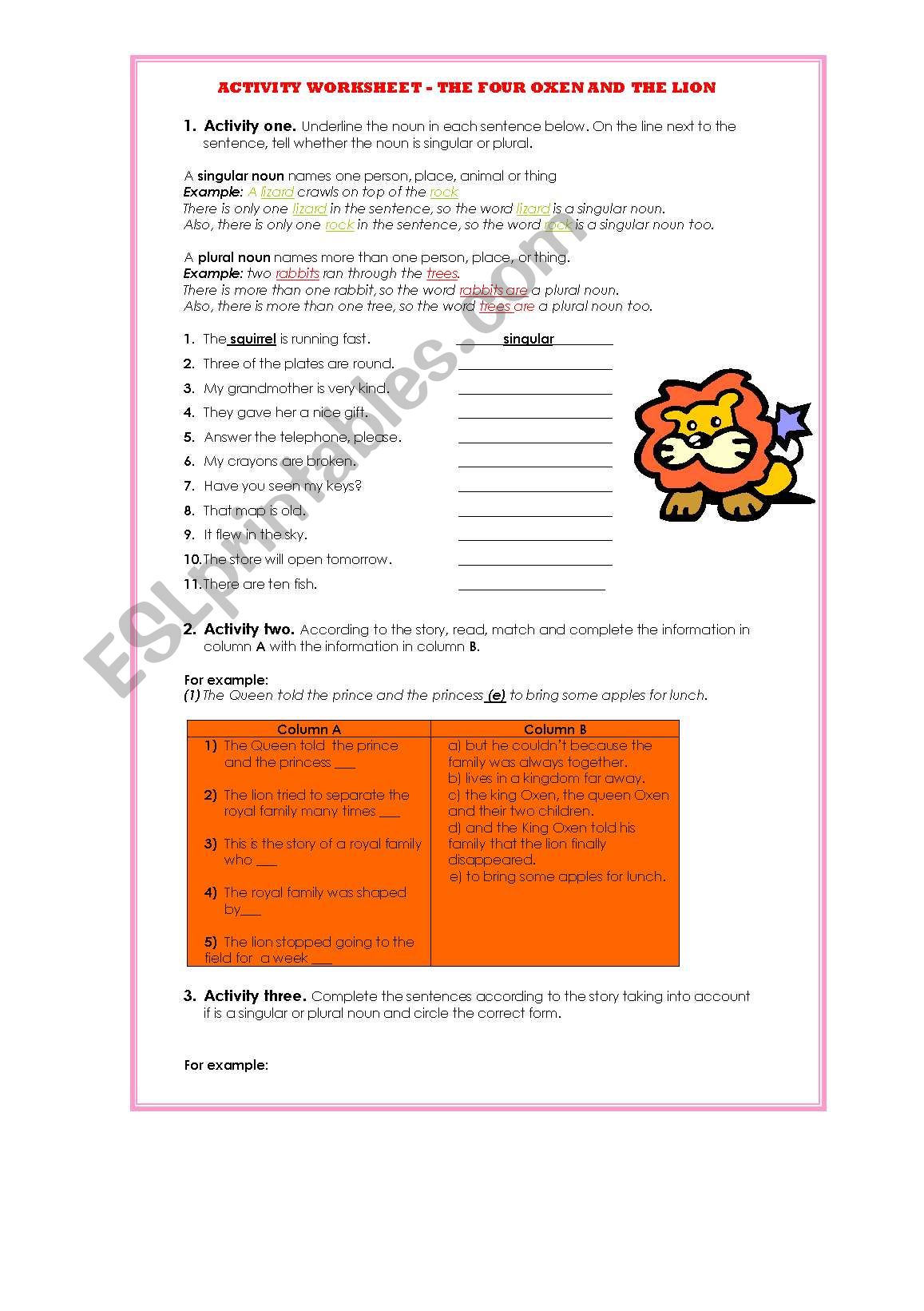 The four oxen and the lion  worksheet