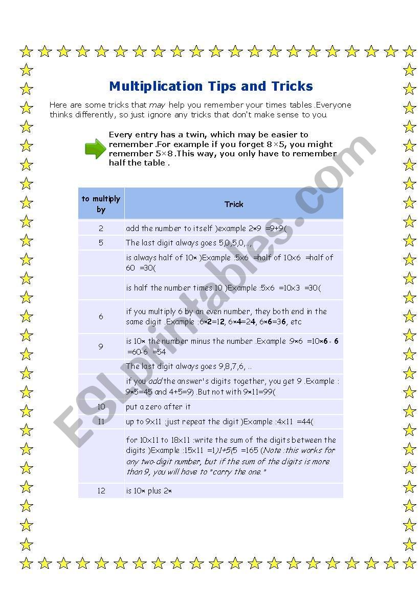 multiplication tips worksheet