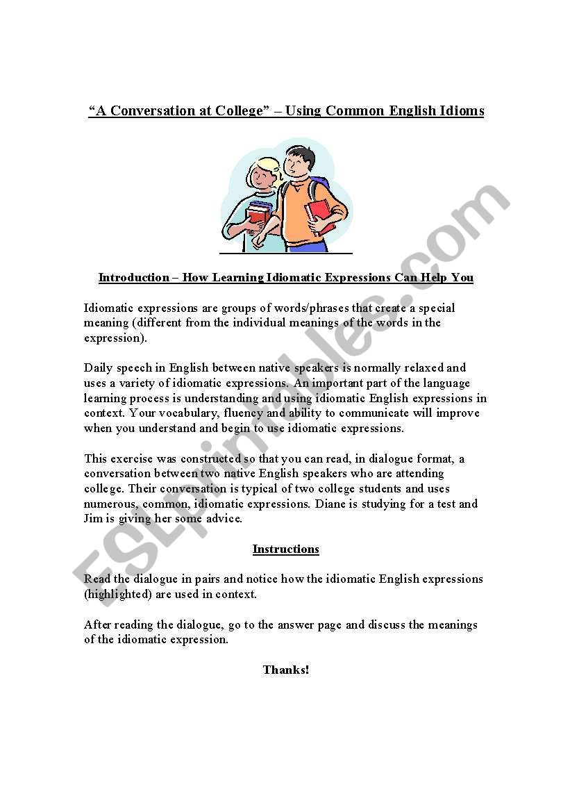 Using English Idioms - A Conversation at College - Dialogue and Answer Sheet