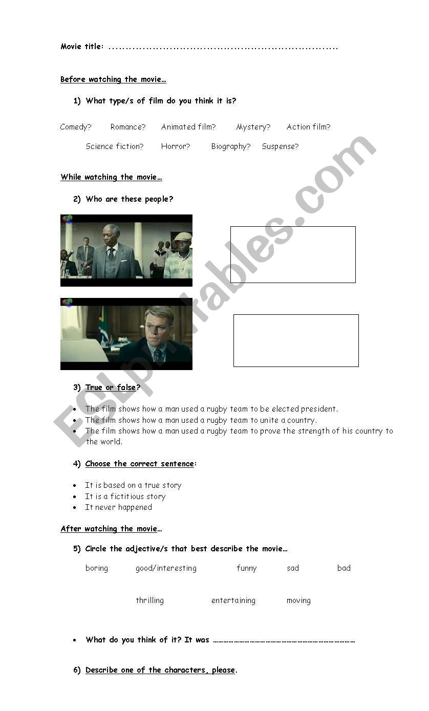 INVICTUS movie worksheet worksheet