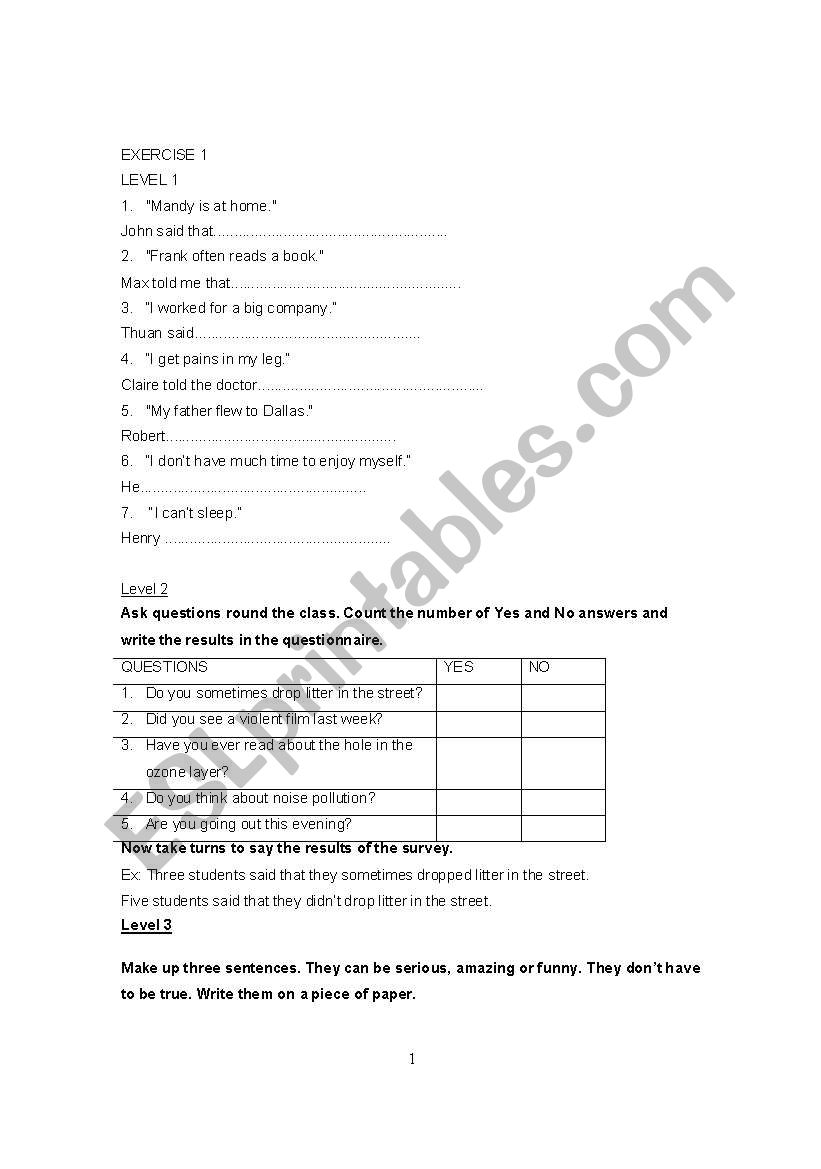 Reported Speech - 3 levels worksheet