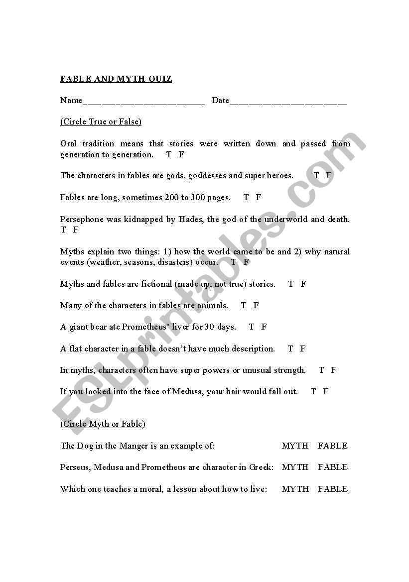 Fable and Myth Quiz worksheet