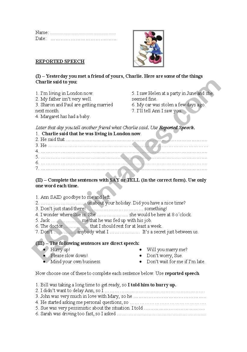 REPORTED SPEECH worksheet