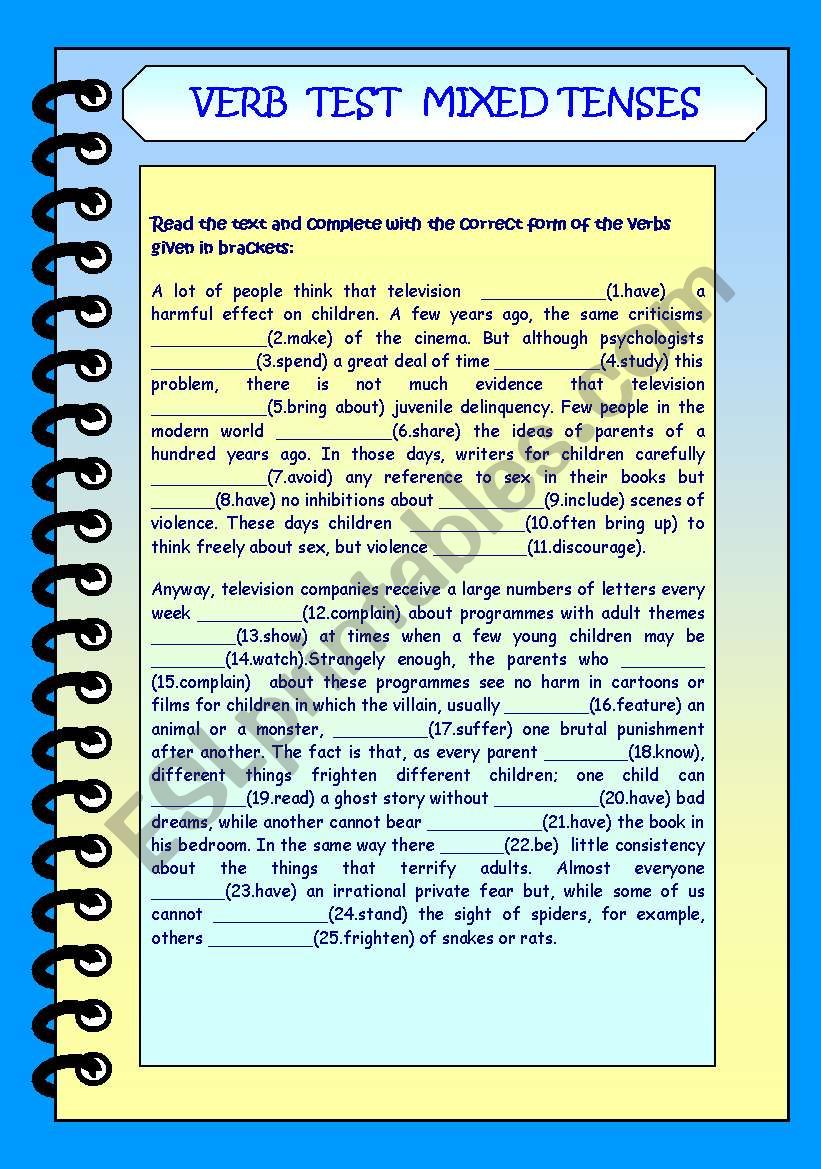 VERB TEST MIXED TENSES nr.4 worksheet