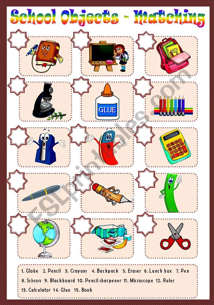 SCHOOL OBJECTS - MATCHING worksheet