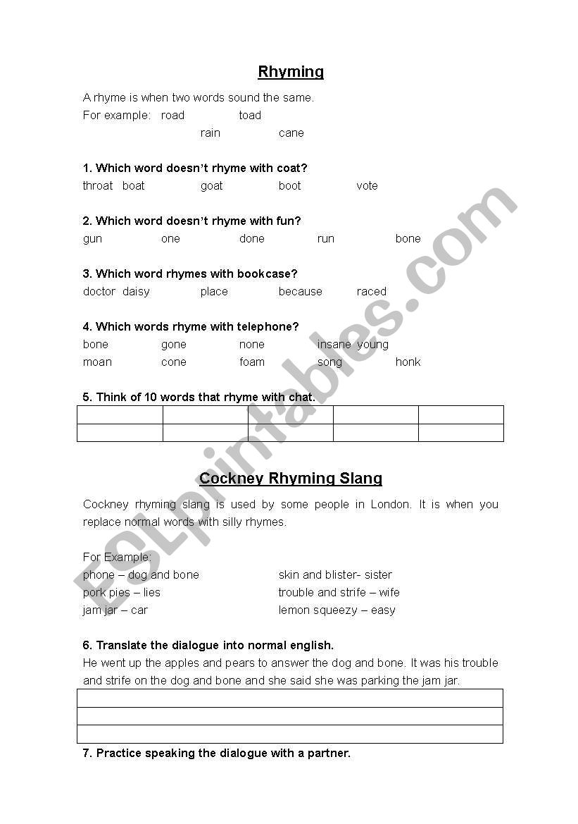 Cockney Rhyming Slang worksheet