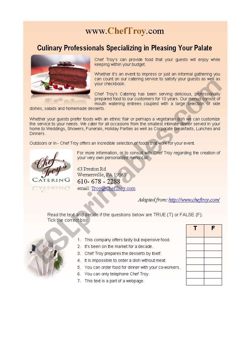Catering Company Reading worksheet