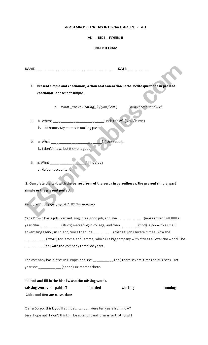 Exam. worksheet