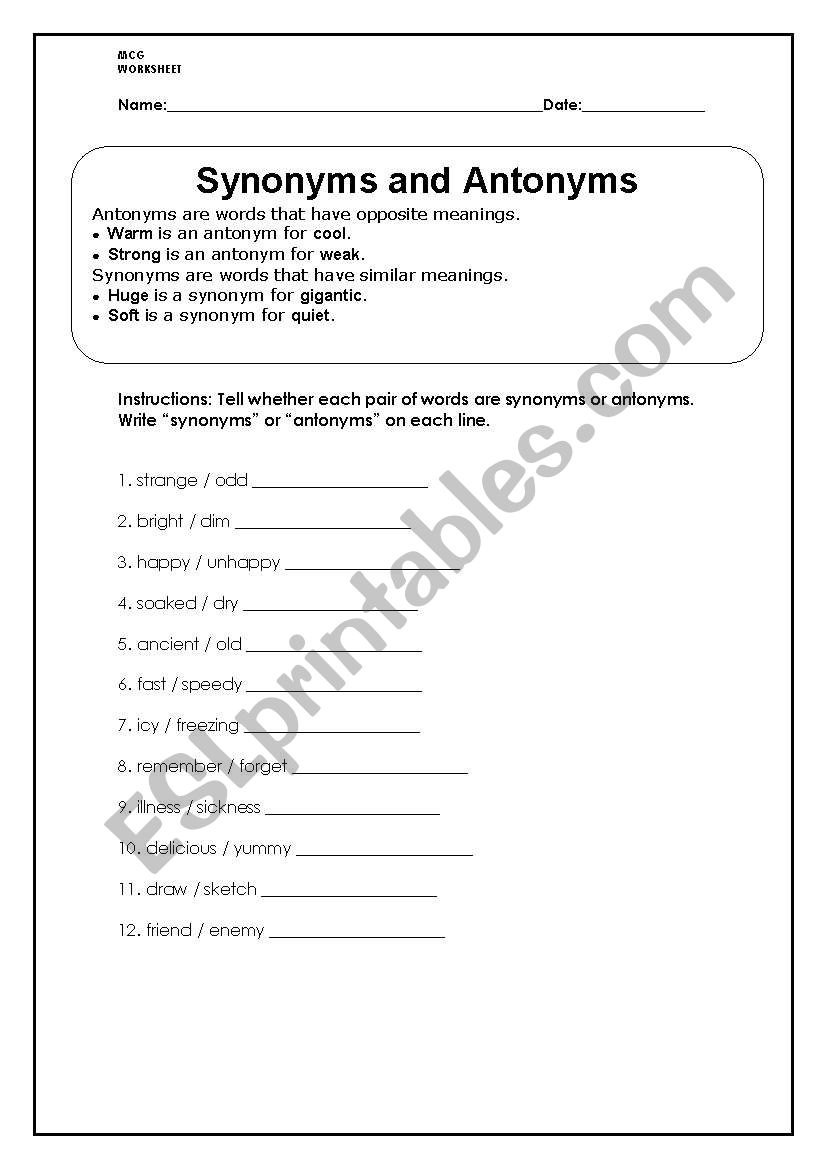 Synonyms and Antonyms worksheet