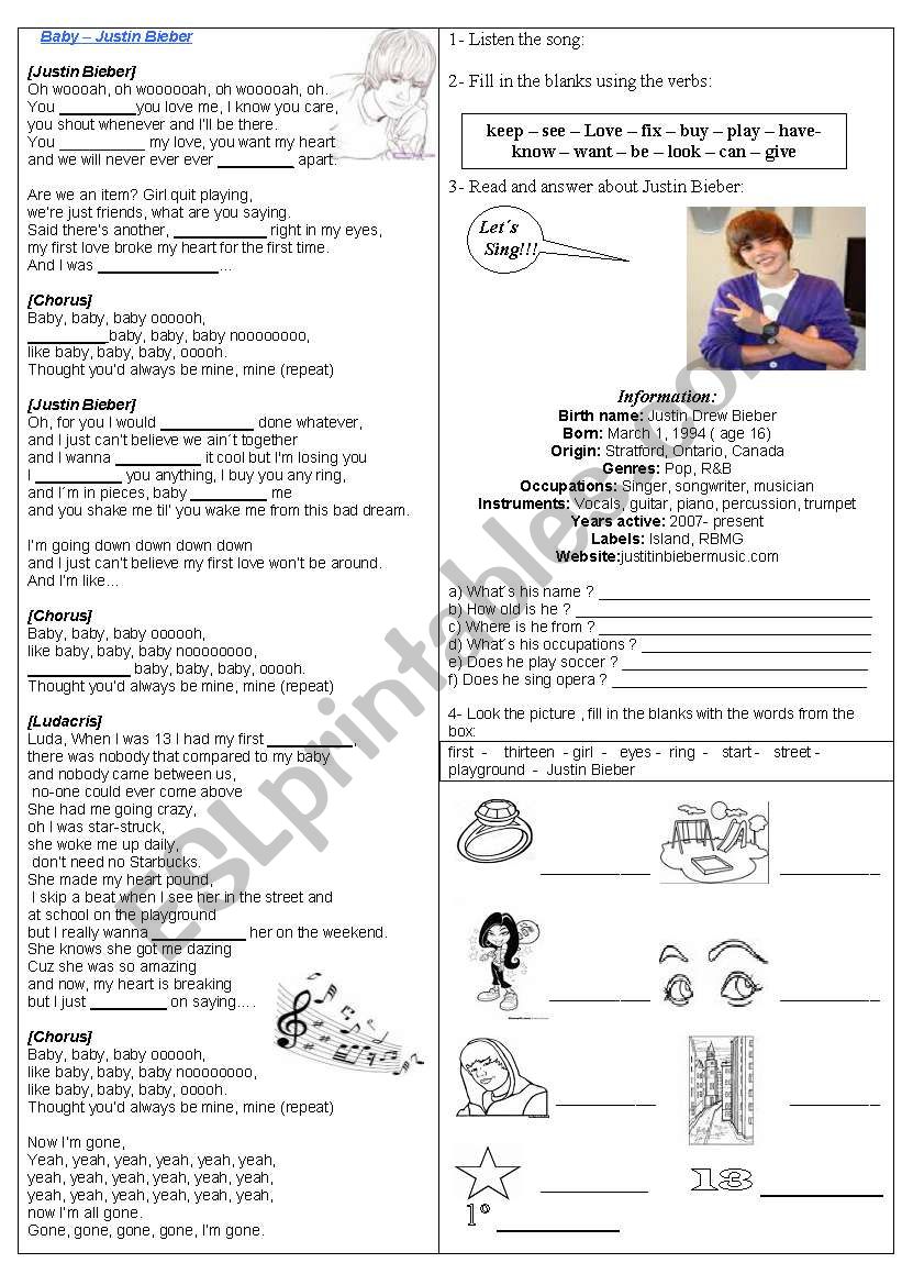 Song Justin Bieber Baby Verbs Information About Singer Esl Worksheet By Arduini