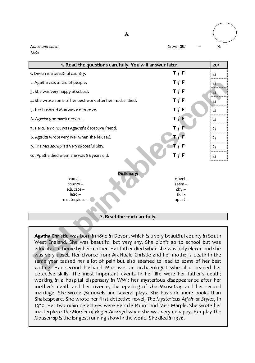 Reading comprehension test A, B, C (true/false)