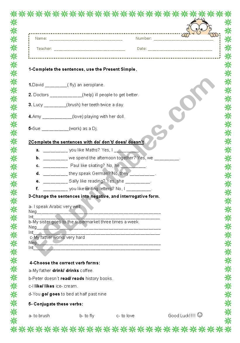 simple present - test worksheet