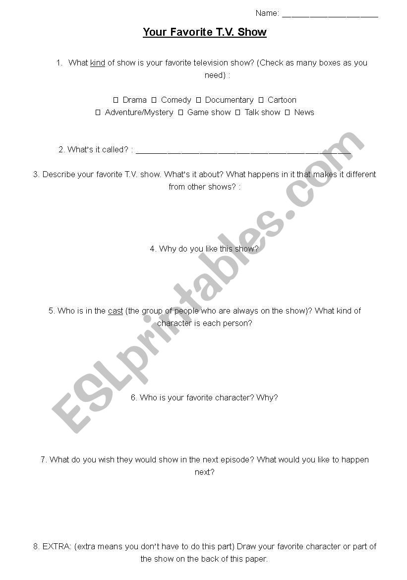 Your Favorite T.V. Show worksheet