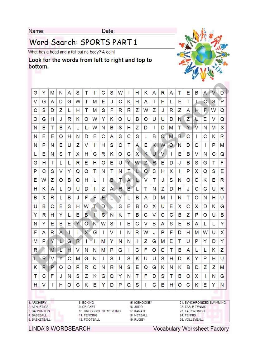 WORDSEARCH: SPORTS PART 1 worksheet