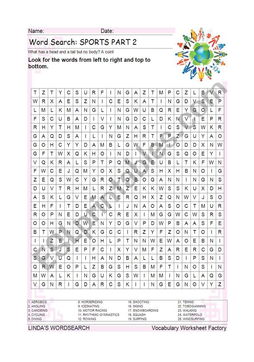 WORDSEARCH: SPORTS PART 2 worksheet