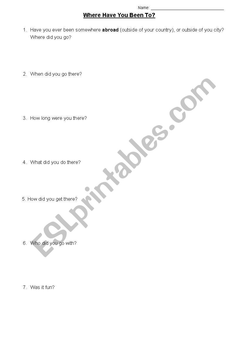 Where have you been? worksheet