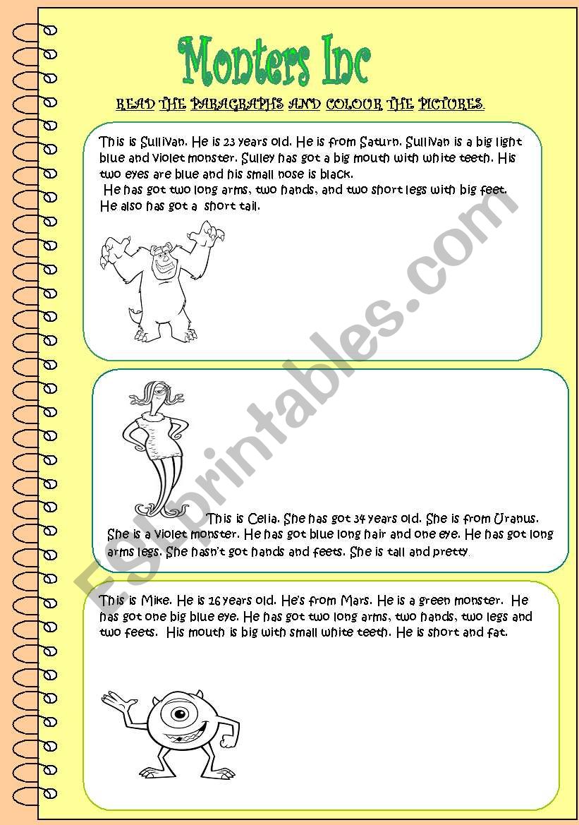 Monsters Inc. Reading Comprehension and colouring activities 