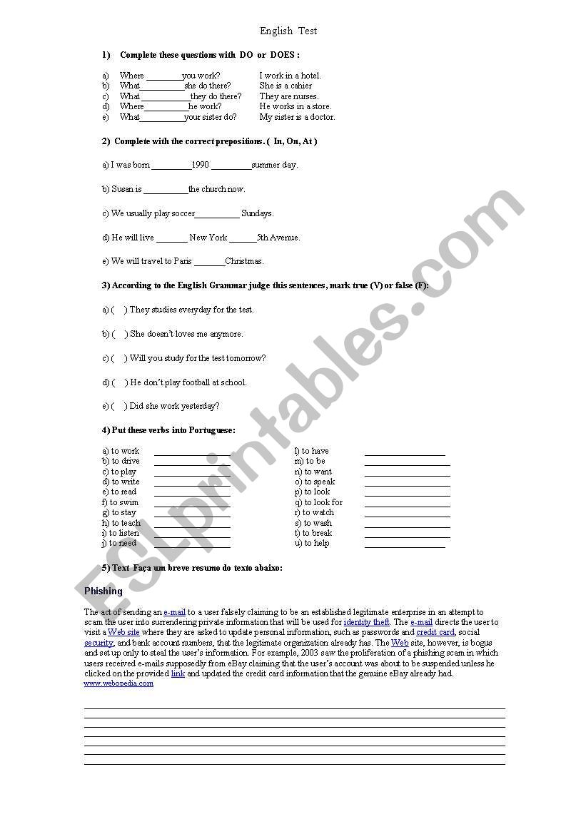 english test  worksheet