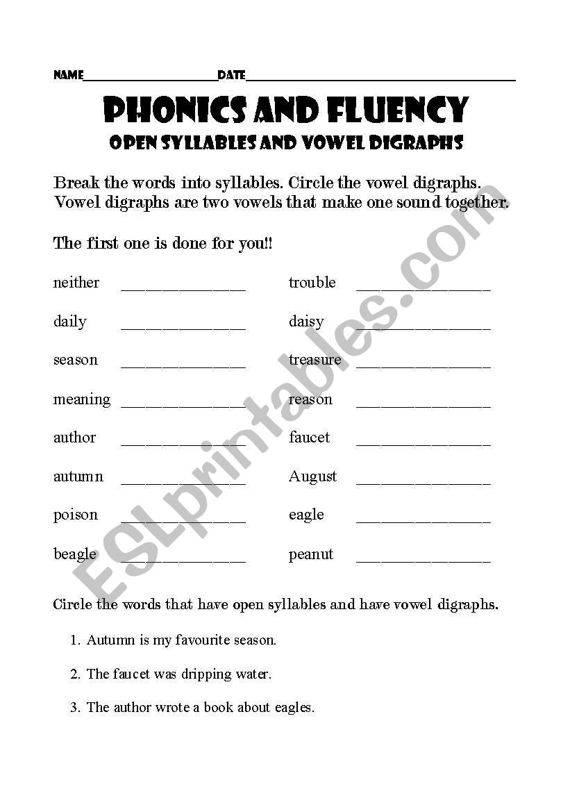 Phonics: Open Syllables and Vowel Digraphs