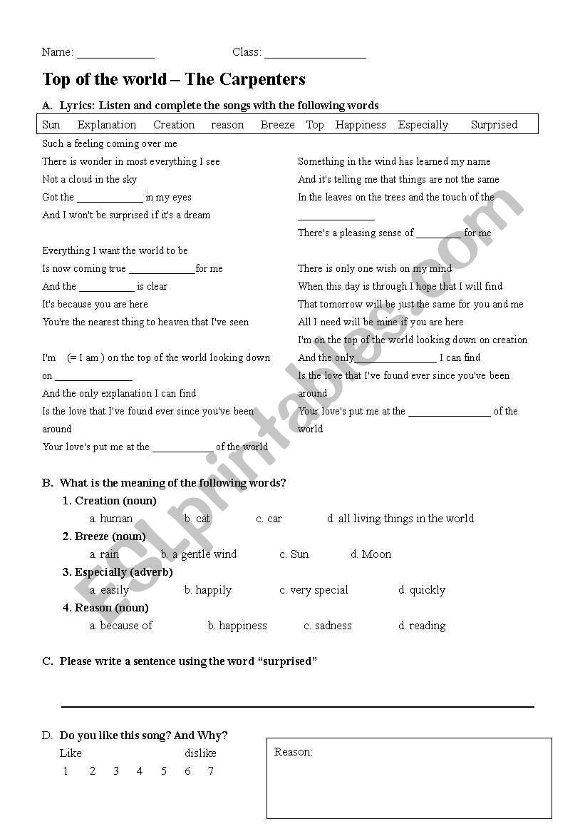 Top of the World worksheet