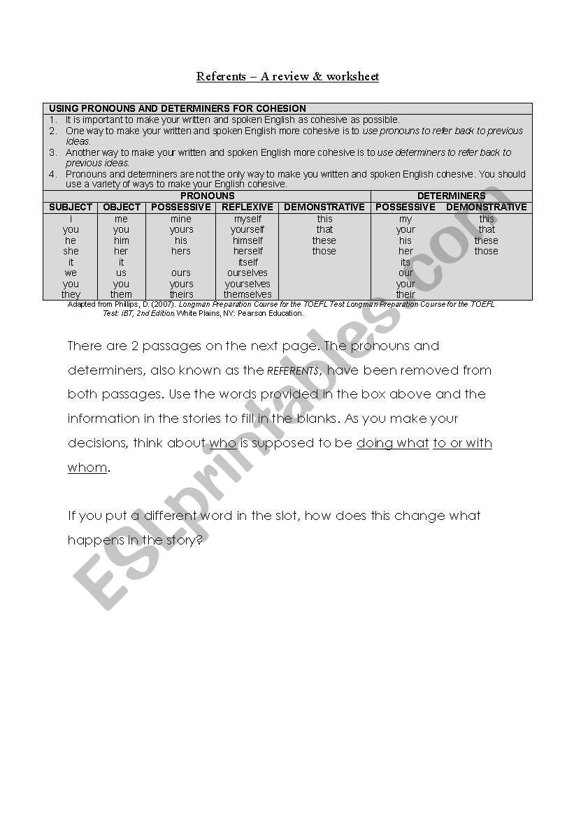 Referents: a Review and Worksheet (Int-Adv)