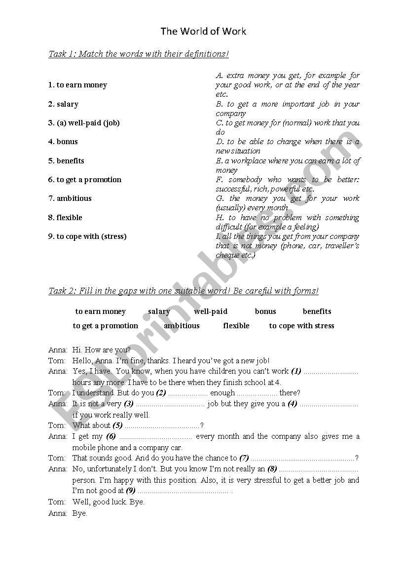 The World of Work worksheet