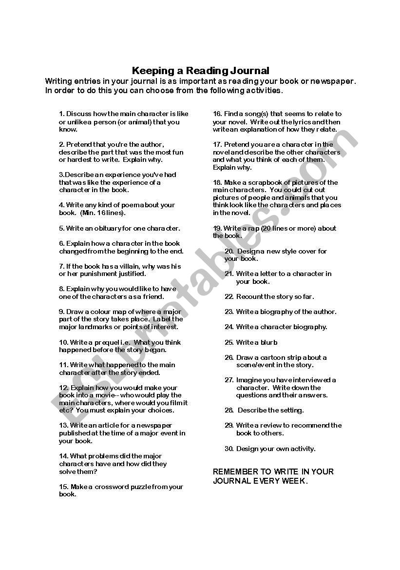 Reading Journal Activities worksheet