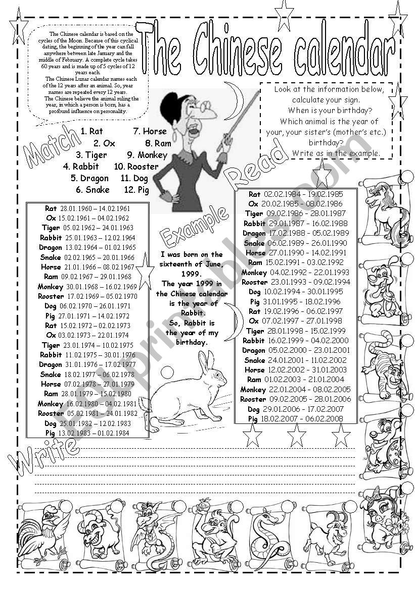 The Chinese calendar worksheet