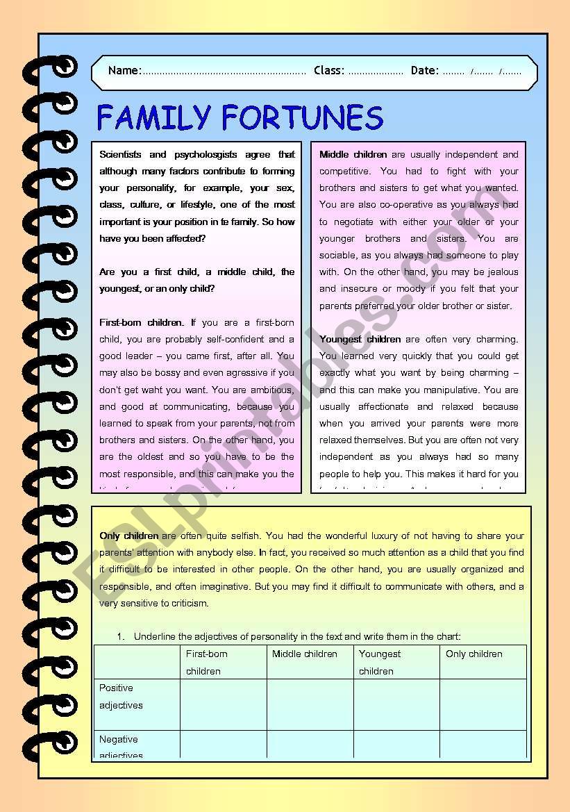 Family Fortunes worksheet