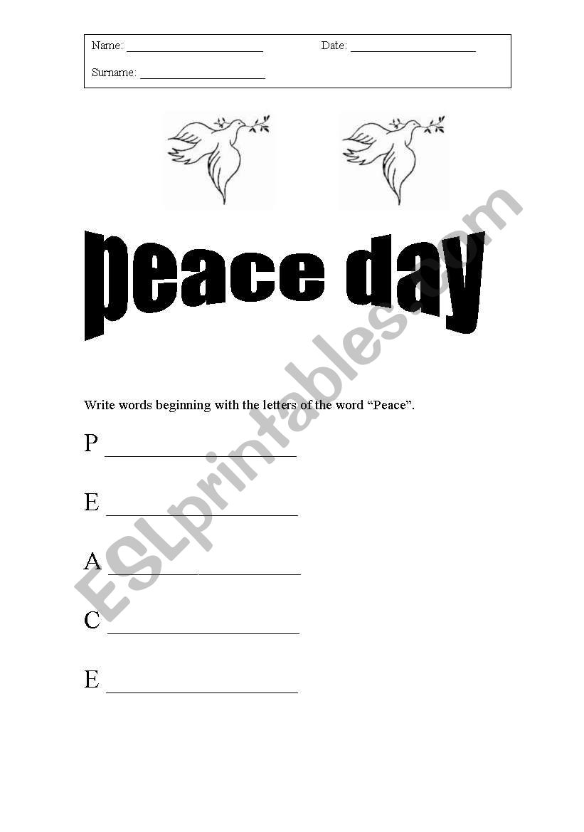 peace day worksheet