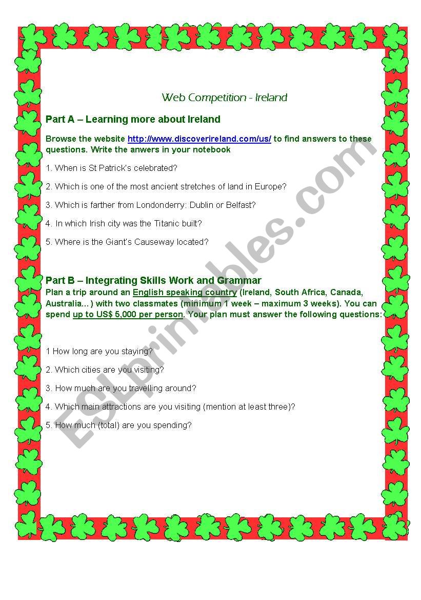 Web Competition - Ireland worksheet