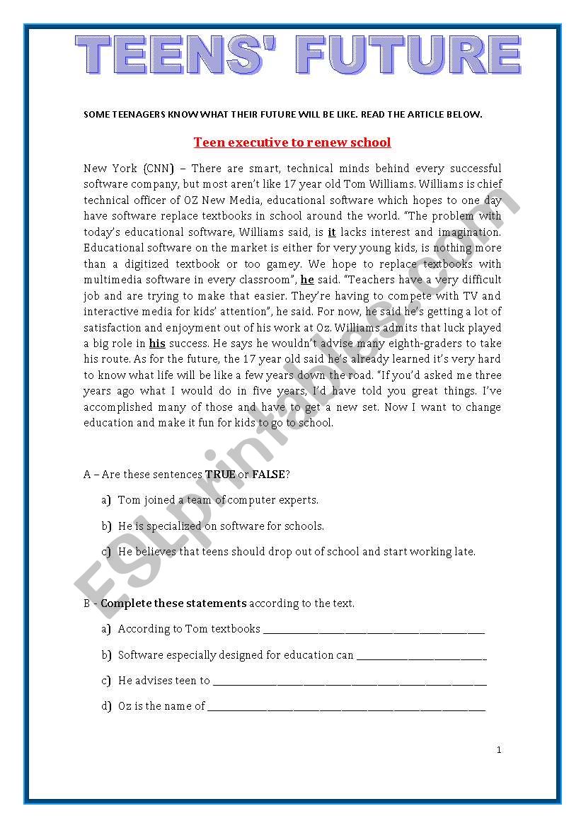 TEENS FUTURE / JOBS worksheet