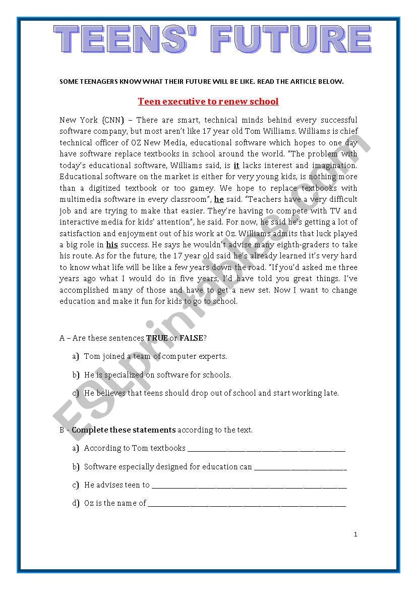 TEENSÂ´ FUTURE / JOBS worksheet