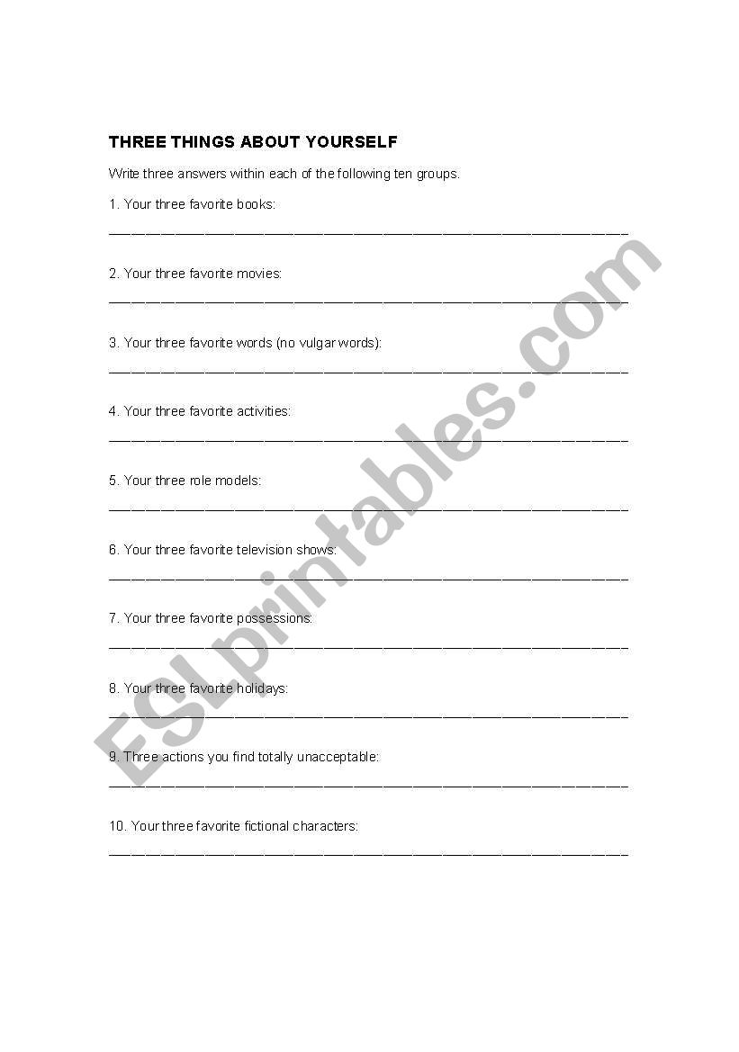 3 things about yourself worksheet