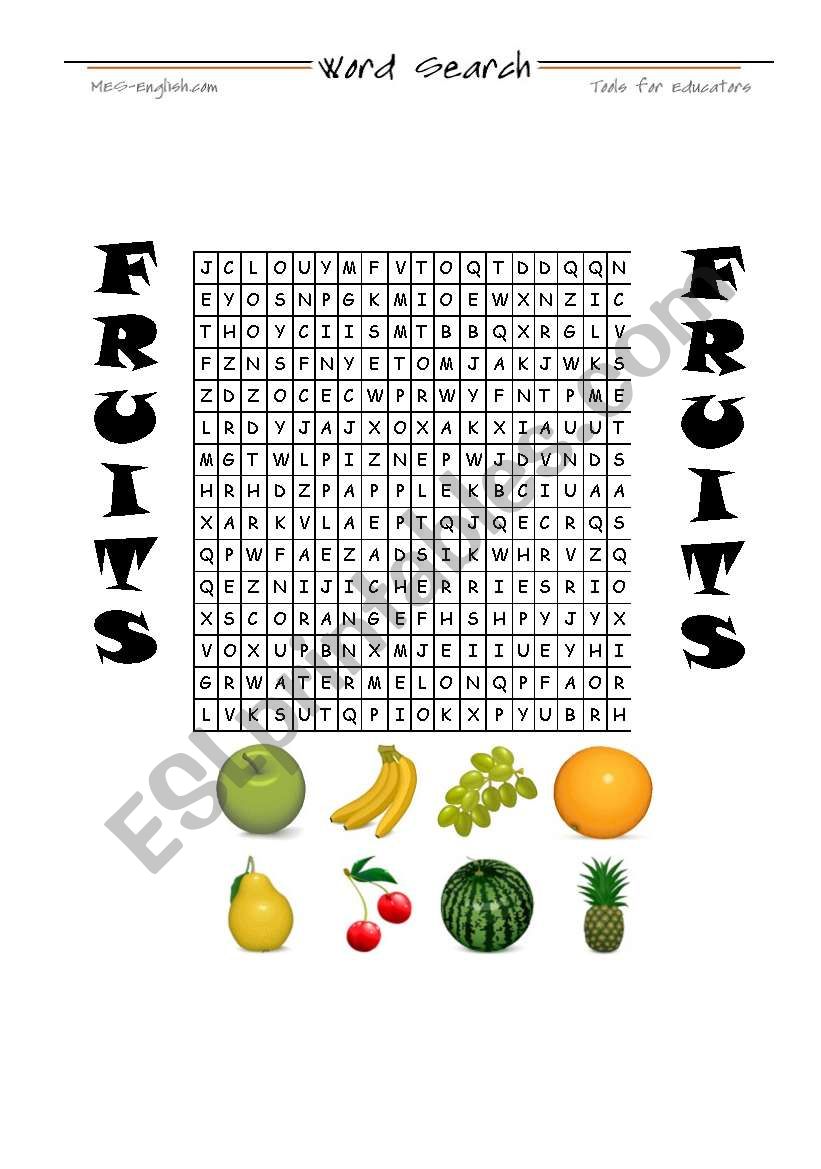 Fruits wordsearch worksheet