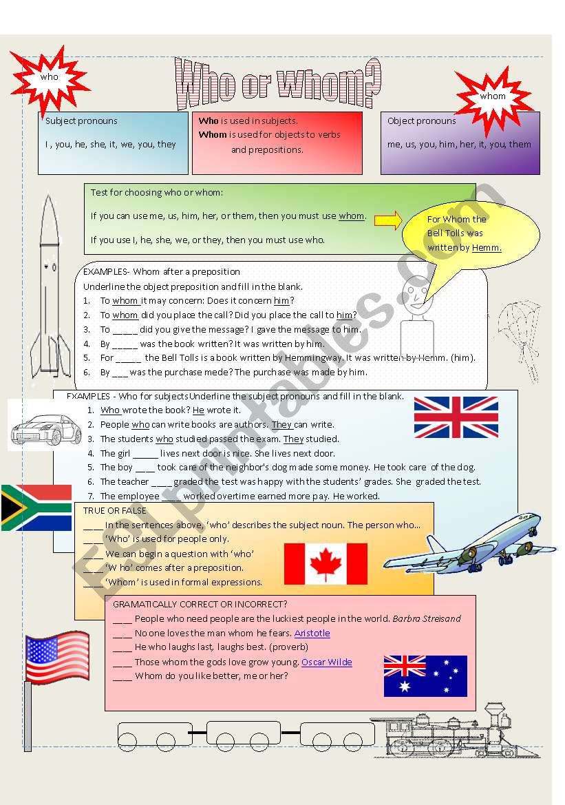 Who vs. whom pronoun usage worksheet