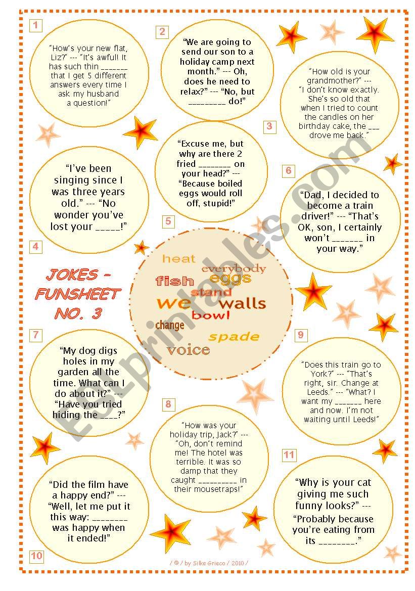JOKES  FUNSHEET NO. 3  BLACK & WHITE VERSION AND ANSWER KEY INCLUDED  FULLY EDITABLE  GOOD FOR ADULTS, TOO!!