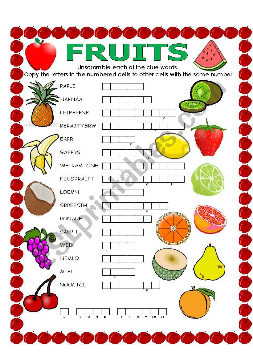 DOUBLE PUZZLE (FRUITS) + KEY worksheet